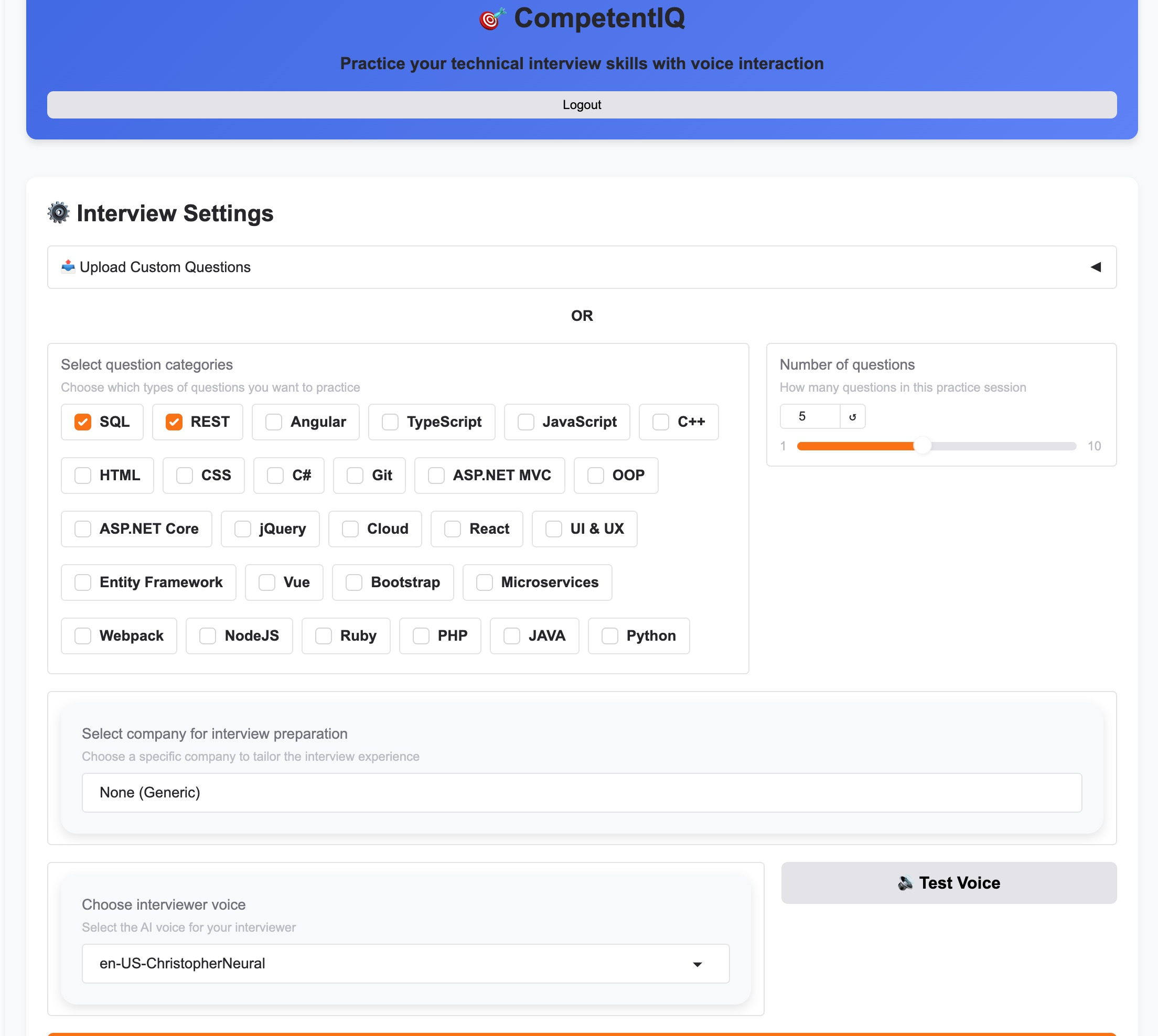 CompetentIQ Technical Interview Preparation Tool Interface